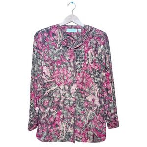 Dana Buchman Silk Blouse Womens 4 Pink Black Floral Batik Long Sleeve Button Up